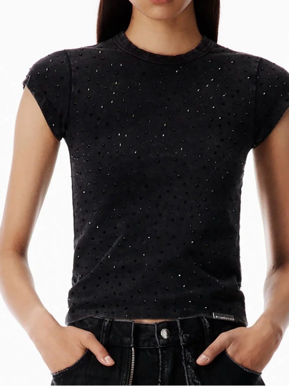 Alexander Wang Baby Tee Allover Hotfix Washed Black Crystal Rhinestone Size S